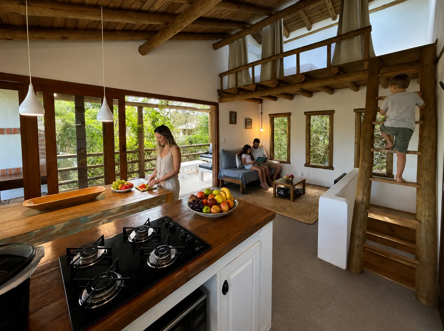 Cozinha integrada da Casa de Baixo na Casa da Árvore, Praia do Rosa, com ilha, fogão, sala em segundo plano e escada de troncos para o mezanino superior.