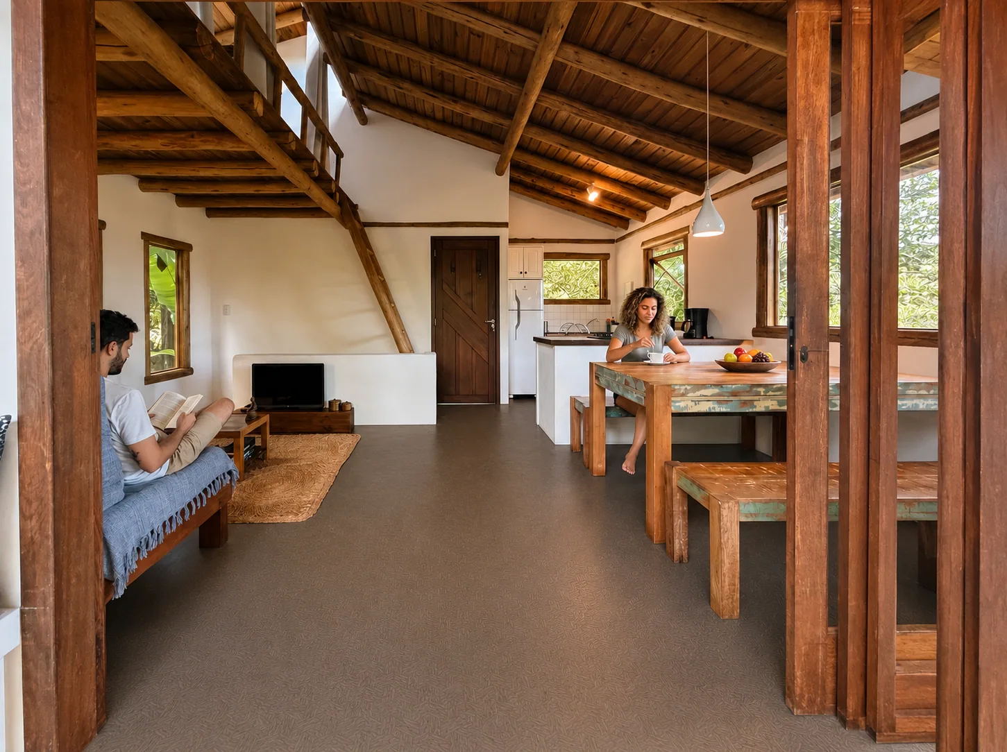 Sala da Casa de Baixo na Casa da Árvore, Praia do Rosa, com sofá, mesa de jantar de madeira de demolição, cozinha ao fundo e escada para o mezanino.